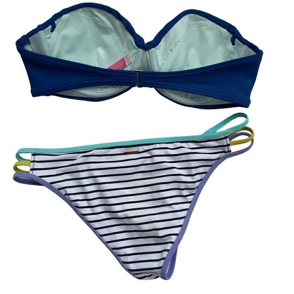 Victoria’s Secret 2 Piece Swimsuit Strapless Bikini Size M 34C Blue White Stripe - Picture 2 of 6